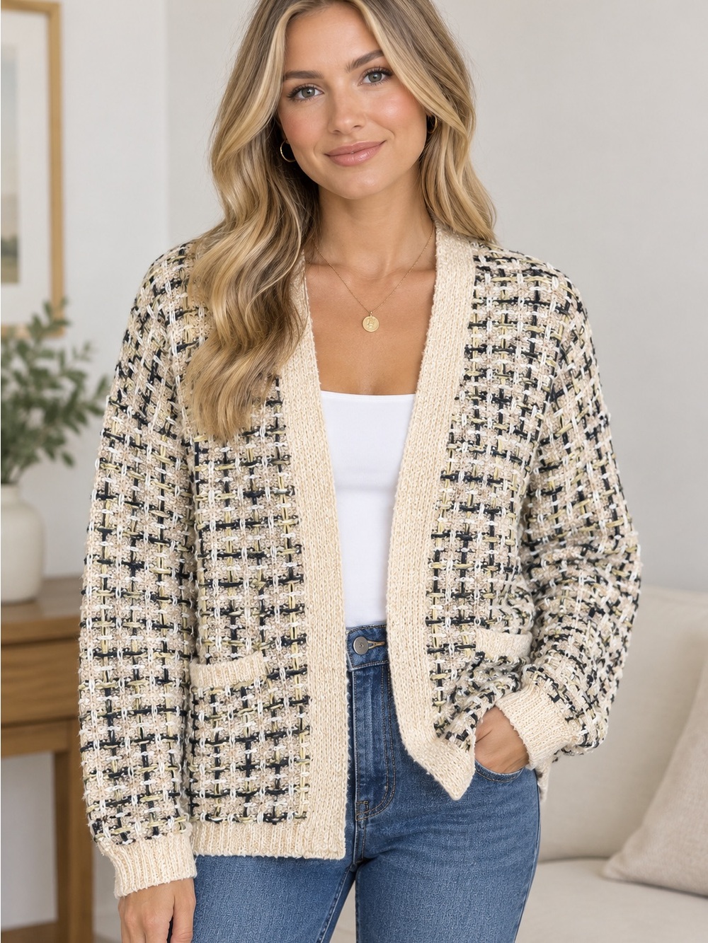Anthropologie Textured Open Cardigan Sweater in Light Pink plaid multicolor